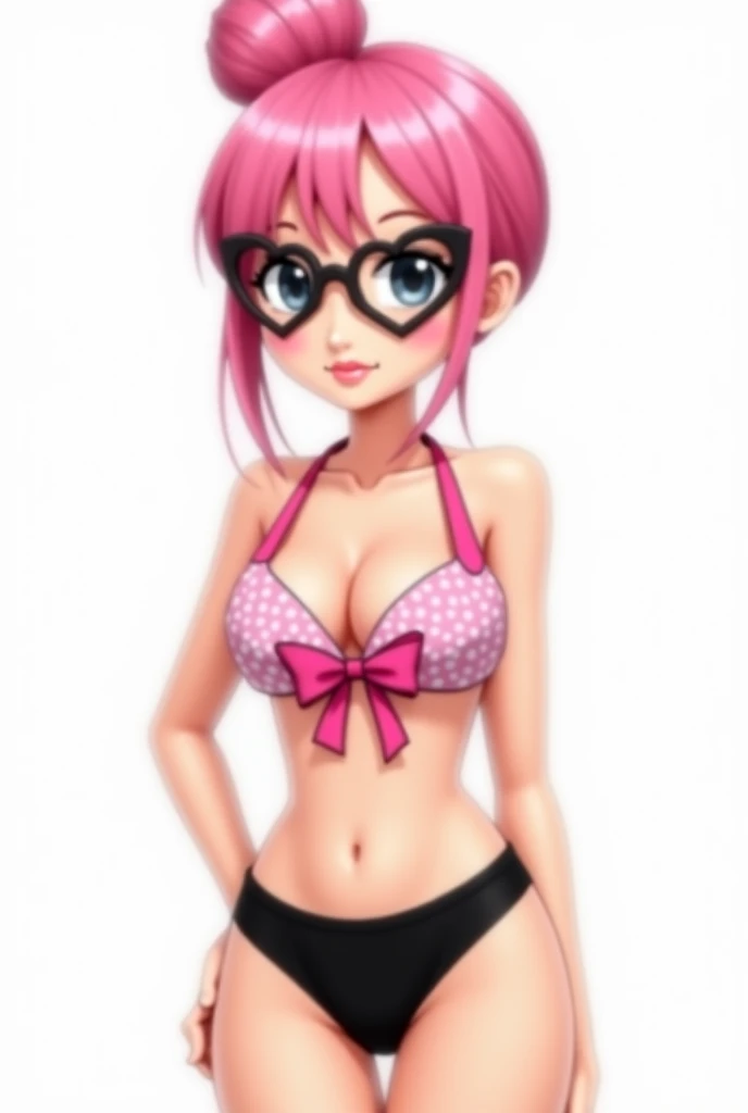 One with pink hair with just a bun in the front with a pink top with white polka dots and a pink bow right in the middle of the bikini with heart-shaped glasses with a black glued skirt not very realistic just the basics with a white background a black ski...