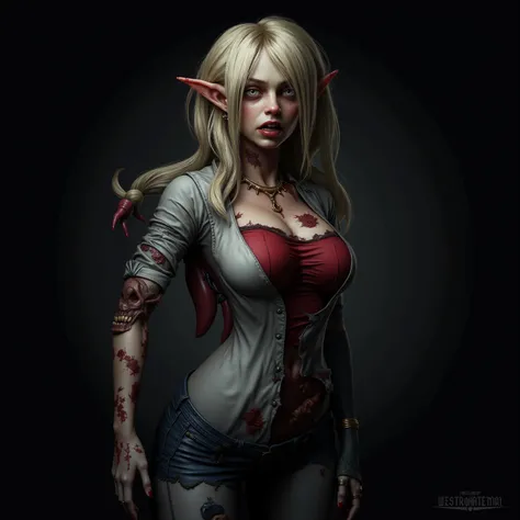 Harley Quinn being transformed into a goblin. GobGirl, shrinking, pale skin, extra short, shorter than a mouse, long ears, large ears, piercings, white skin, monster_girl 1girl, pointy ears, goblin, shortstack, breasts, long pointy ears, earrings, ripped c...