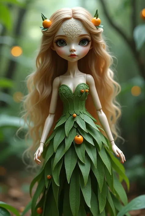 A mystical hybrid of a doll and a tamar (palm tree or fruit). The doll has a delicate porcelain face with intricate carvings resembling palm tree patterns. Her dress is made of flowing palm leaves, seamlessly blending nature with her elegant form. Her hair...