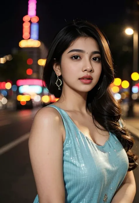 (((desi girl))), chubby face, natural skin, wearing hot deep neck top and dupatta, charming black hair, ((hair ends are blonde)), city streets background, bokeh