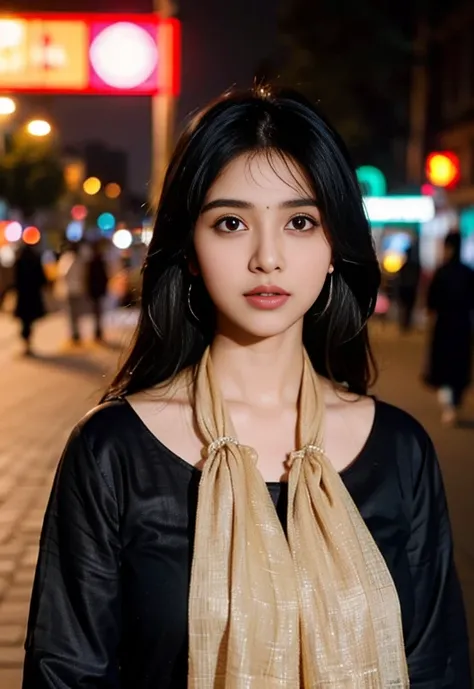 (((desi girl))), chubby face, natural skin, wearing hot deep neck top and dupatta, charming black hair, ((hair ends are blonde)), city streets background, bokeh