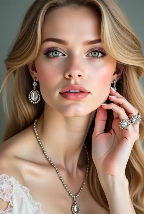 Elegant blonde girl with long hair green eyes with very fine jewelry 