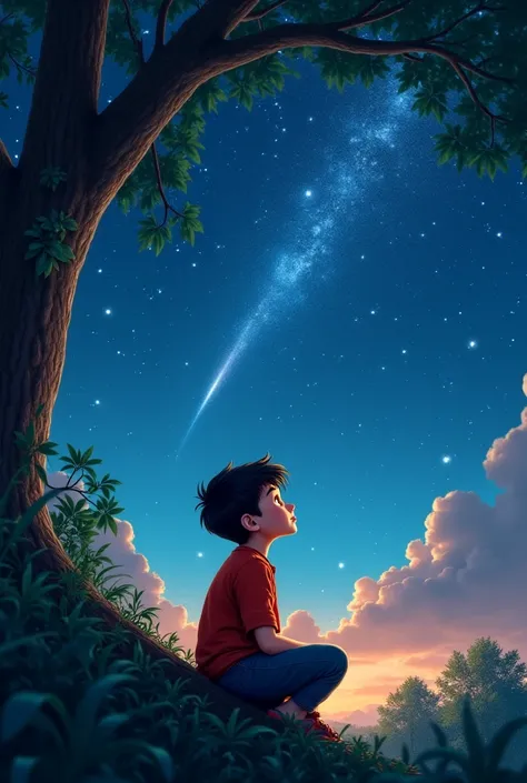 littleboy sitting in a tree watching big stars and meteors in the bright sky