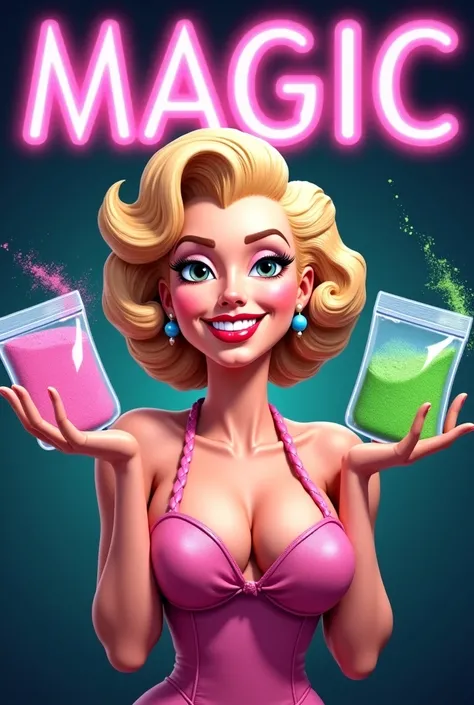 Create an advertising image, Where it says MAGIC in very striking large letters and also open 24/7,  with Marilyn Monroe as the main character of the image,  Marilyn has a ziploc bag in her right hand with pink powder inside and in her left hand a ziploc b...