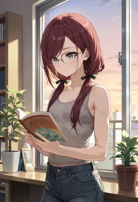 (Masterpiece, best quality), intricate details, close up, stoic ,((gray eyes, swept bangs)), thin,swept bangs, dark red hair, low twin tails, hair ribbons, glasses, gray tank top, jeans, ((long swept bangs)), small breasts, toned arms,reading book in libra...