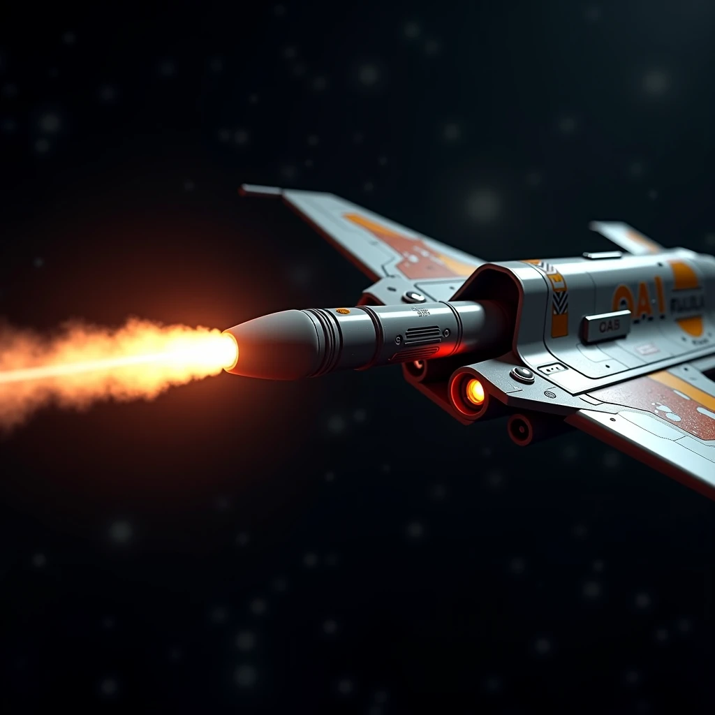 deep space, a super close up of a small missile being launched from a wing from an adidas tracksuit style star fighter space ship