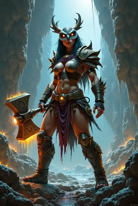 A female owlin, who is a barbarian class, is strong ang carrying a magical warhammer in the underdark dnd