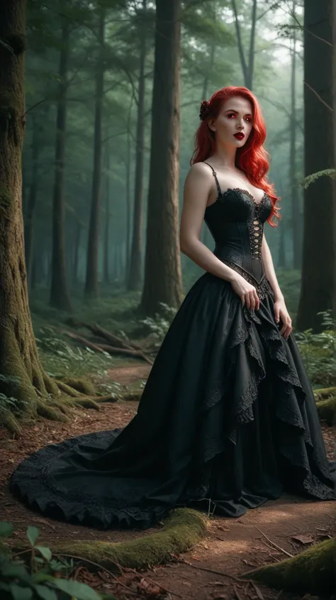 "Create an ultra-realistic, dark fantasy scene set in a mysterious, moonlit forest. A stunning red-haired vampire woman, with pale skin, glowing eyes, and an elegant yet eerie presence, stands amidst the shadows of towering trees. Her expression is both ha...