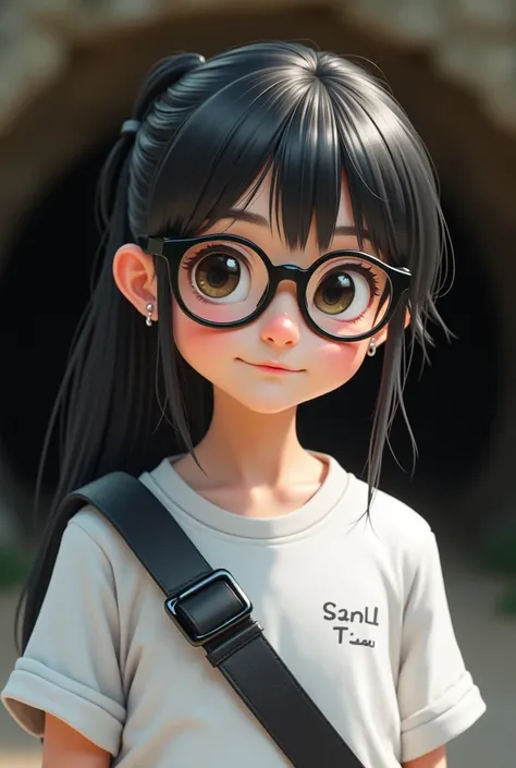 There is a young girl. He's got a white shirt on.  Her hair is black in color and tied in the form of a ponytail.  Uses relaxing glasses. She has a black bag that stands cross-shaped on her shoulder. Behind the girl there is a cave.     