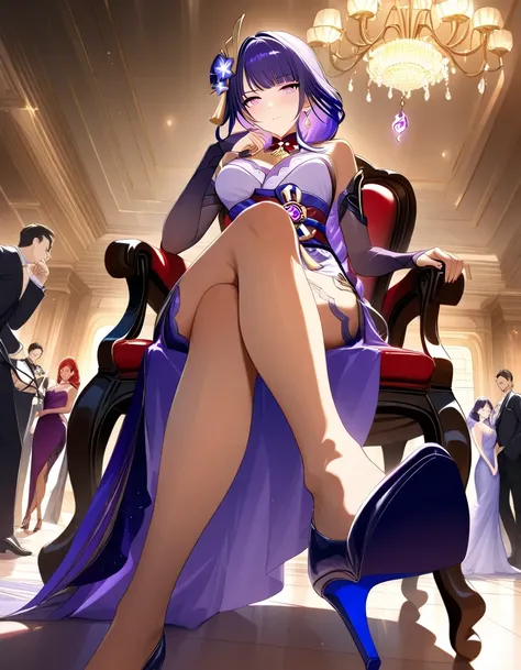 top quality、 more details、 High Resolution Illustration 、Ultra-high-definition CG、Genshin Impact、 raiden、tight purple dress、heels、chest、adult、 mature、 medium Breasts、tan skin、average waist、wide hips、thick thighs、 sexy、 provocative、earrings、necklace、jewerly...