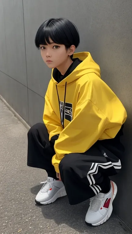   Hi-Res,   boyish,    in the seat,  black hair, Sporty shortcuts,   Asymmetric Hairstyle ,  Asymmetrical bangs,   yellow eyes, Round and round eyes, Eyes with three circles,  Skater Style Street Fashion, slightly oversized bottoms,  are standing, futanari...