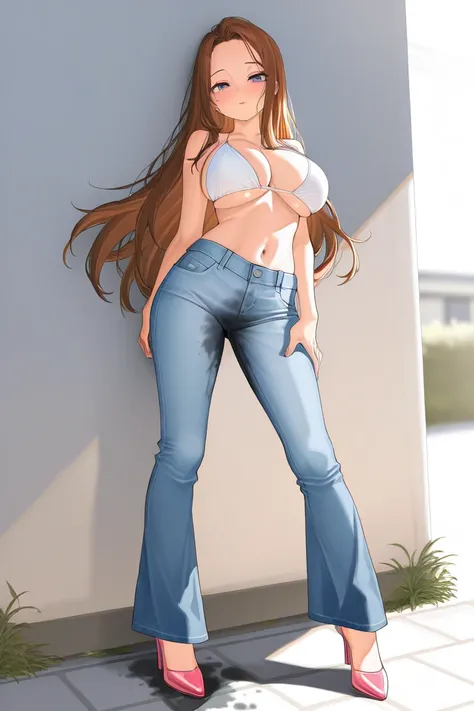 A youthful scandinavian female with dazzling eyes and lovely long hair and forehead with perfect body:1.1 and big breast is standing and (wetting herself:1.5) in desperation. She is wearing blue damaged bell bottoms Vintage old jeans and Large wetting stai...