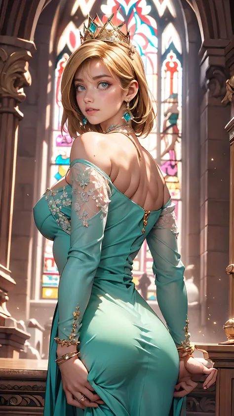 Create a stunning image of Rosalina, a voluptuous blonde girl, standing in front of a stained glass window in a modern architectural setting. She is wearing an aqua off-shoulder dress with frilled sleeves, showcasing her ample cleavage and bare shoulders. ...