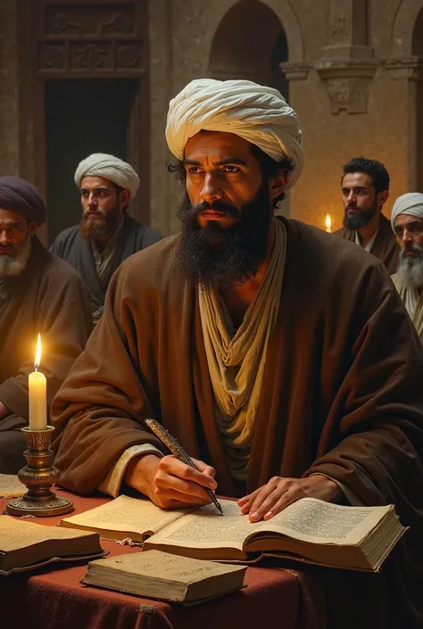 "An oil painting of a Shiite Muslim man, one of the disciples of Imam Al-Sadiq (AS), sitting in a scholarly gathering inside an ancient mosque illuminated by candlelight. He wears a brown cloak and a white turban, his features reflecting wisdom and contemp...