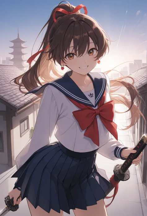  {{{masterpiece}}}, {{{best quality}}}, {{ultra-detailed}}, {illustration}, {{an extremely delicate and beautiful}},{smile}
 sailor suit, ponytail on panty,Brown dark hair , big ribbon, High School Girls with Swords , pleated skirt, middle size chest, earr...