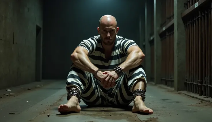 UHD, 8K, masterpiece, fullbody photo of a muscular male bald convict aged 20 with heavy ankle shackles and chains, heavy metal ankle cuffs, convict clad in dirty black and white horizontally striped prisonjumpsuit, very dirty bare feet, sitting on the dirt...