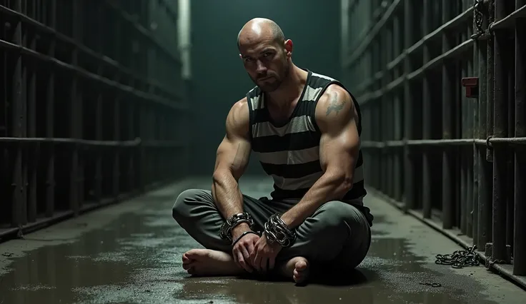 UHD, 8K, masterpiece, fullbody photo of a muscular male bald convict aged 20 with heavy ankle shackles and chains, heavy metal ankle cuffs, convict clad in dirty black and white horizontally striped prisonjumpsuit, very dirty bare feet, sitting on the dirt...