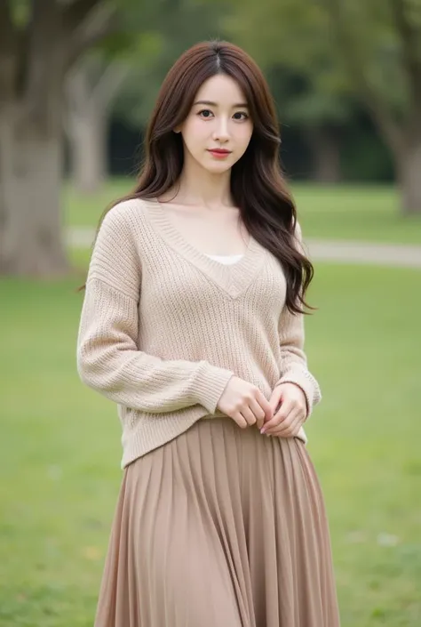 A stylish and slender East-Asian young woman wearing a soft, beige knitted sweater with a deep V-neck, the hem of the sweater draping naturally over the top of a flowing pleated skirt in a matching light brown tone. Her long, wavy hair frames her face as s...