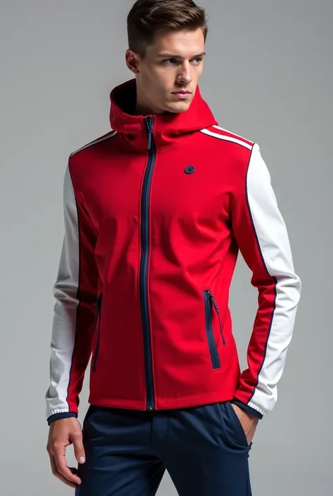 An image of a red and white unisex ,  with the colors dark blue ,  body-hugging jacket that has striking pockets other than the pockets on the abdomen 