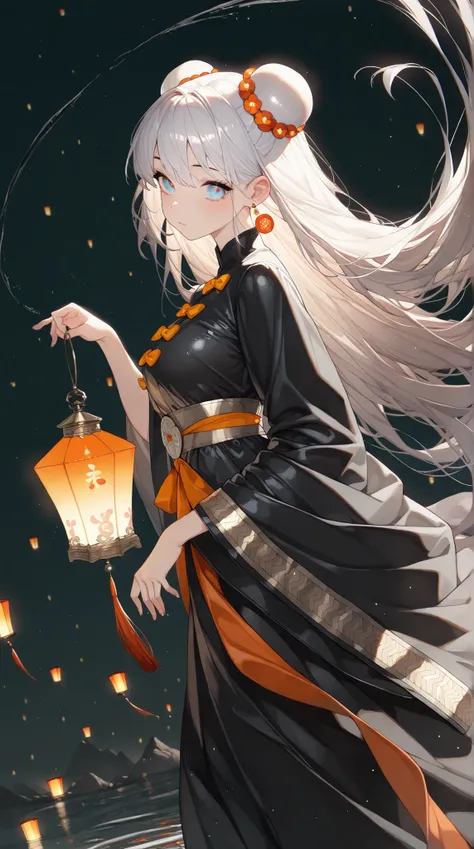 1girl, solo, beautifl long hair, Bun Head, Lantern earrings, the earrings are luminous, Women's traditional clothing, holding a lantern in his hand, BREAK Beautiful and colorful lanterns\Shine brightly\Detailed decoration, 
((masterpiece, best quality, ext...