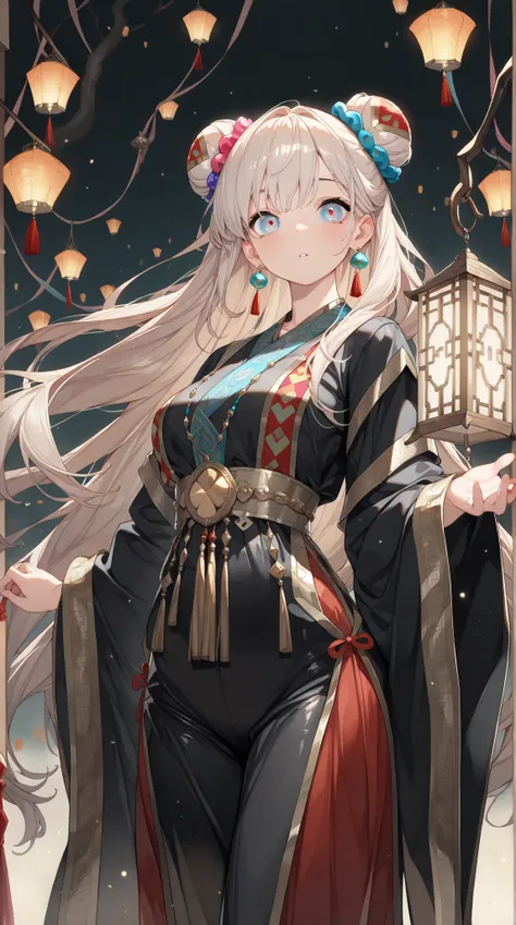 1girl, solo, beautifl long hair, Bun Head, Lantern earrings, the earrings are luminous, Women's traditional clothing, holding a lantern in his hand, BREAK Beautiful and colorful lanterns\Shine brightly\Detailed decoration, 
((masterpiece, best quality, ext...