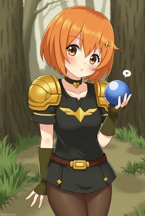 1girl, bakugan style, woods backround, brown eyes, orange hair, belt, black shirt woth golden armor stripes, choker, fingerless green gloves, looking at viewer, orange hair, pantyhose, short girlish hair to her earts, golden shoulder pads, small heart-shap...