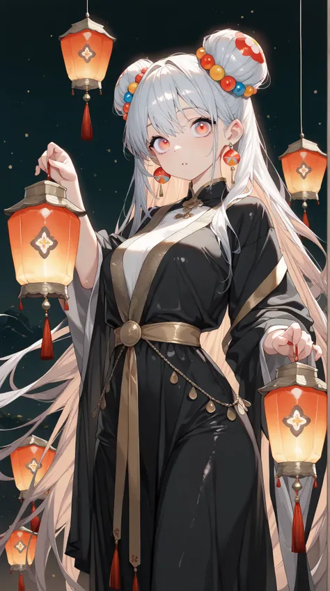 1girl, solo, beautifl long hair, Bun Head, Lantern earrings, the earrings are luminous, Women's traditional clothing, holding a lantern in his hand, BREAK Beautiful and colorful lanterns\Shine brightly\Detailed decoration, 
((masterpiece, best quality, ext...