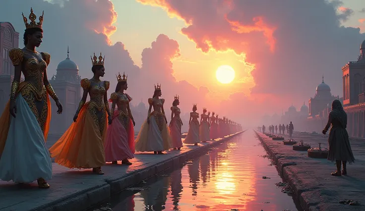 Not high, Crowned queens in flamboyant outfits passed by and passed by guardian robots, while below , boats floated down a mirrored channel .  The sunset explodes in shades of orange , blue and purple