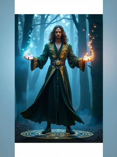 A powerful sorcerer, tall and muscular, adorned in a luxurious dark green robe detailed with intricate gold work. Shoulder-length wavy brown hair flowing, glowing with streams of multicolored light cascading from above. His hands and robe emit radiant part...