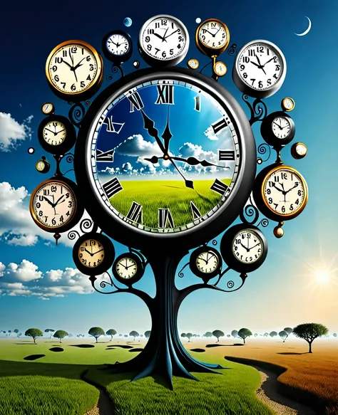 Surrealistic world with different clocks 