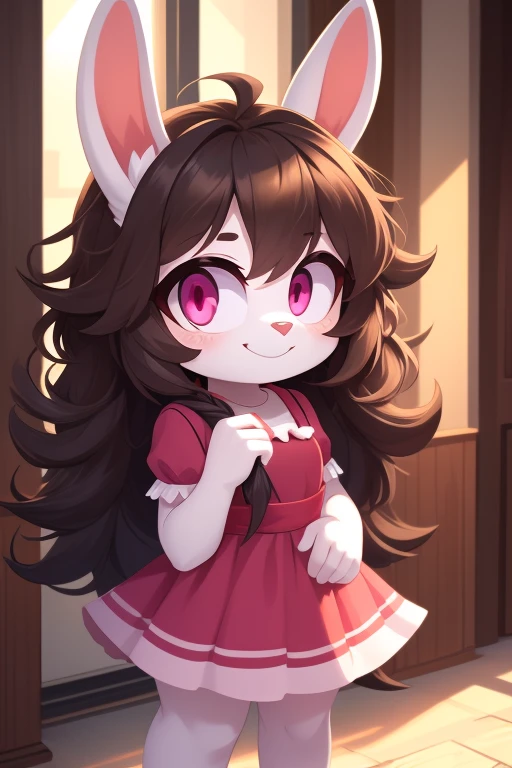 Little furry girl, cute rabbit, thick hair, detailed body, clothes, dress, pink eyes, smile, art of speech, best quality 