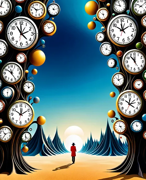 Surrealistic world with different clocks 