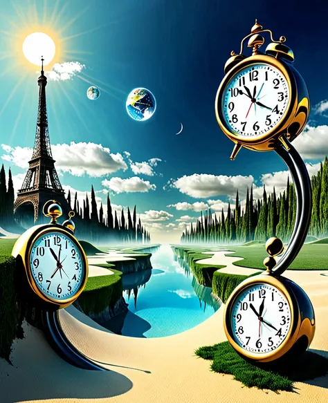 Surrealistic world with different clocks 