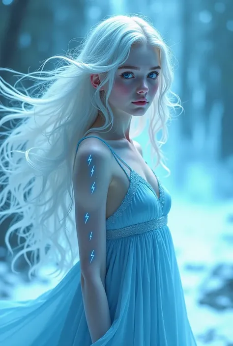  white-haired girl,  blue eyes,  a long dress in the same color as your eyes and lightning scars on your arms and bust. Your hair should be long and wavy and your skin should be very light . 