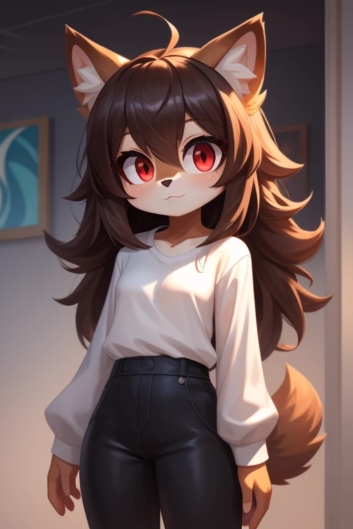 Cute furry girl, thick hair, detailed body, clothes, red eyes, white veins, modern art, best quality 