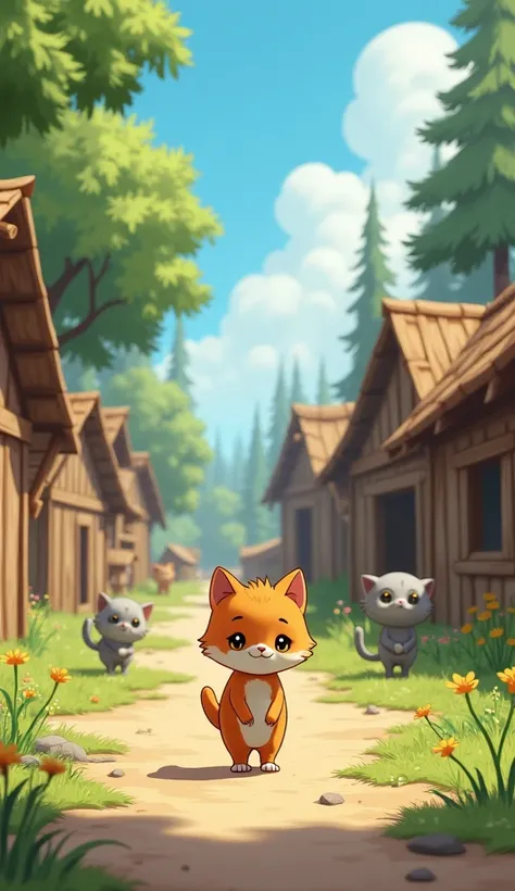  A small cat with soft fur and an introspective look walks through the animal village . He is shy and humble ,  walking with his head down while other stronger cats play and hunt around. The village is simple , with wooden houses ,  trees and a clear blue ...