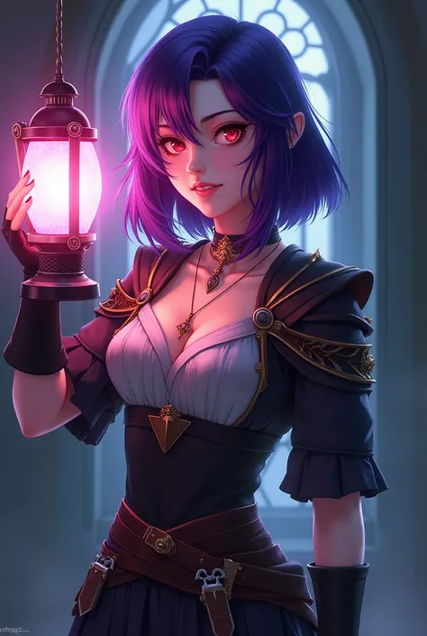 Purple-haired and young Yenifer from The Witcher 3,  anime-style lantern,  in light armor,  Red eyes , medium length blade in the hand, chest-length hair 