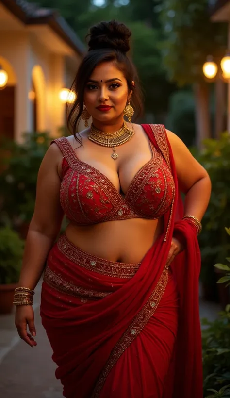  Arafed perfect face Indian voloptous hot curvy big boobs milf,heavy maskara,plum cheeks,huge ass,curvy thighs,brunette messy top bun style hair,red lips,ornaments all over body,big round tits ,curvy hourglass body,thick voluptuous curvy body,((Wearing sle...