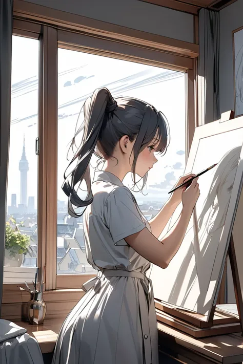  line drawing sketch 、   using lots of retouching techniques   、. by Henken   、   a girl with a twin tail hairstyle is being wiped by the wind by the window、  Masterpiece 、  highest quality、 Professional artwork 、 Awards