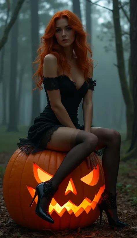 the woman with the most beautiful legs in the world wearing black stockings and stiletto heels; The woman has long, wavy red hair; The woman is dressed as a sexy witch, The woman is sitting on a Halloween pumpkin
