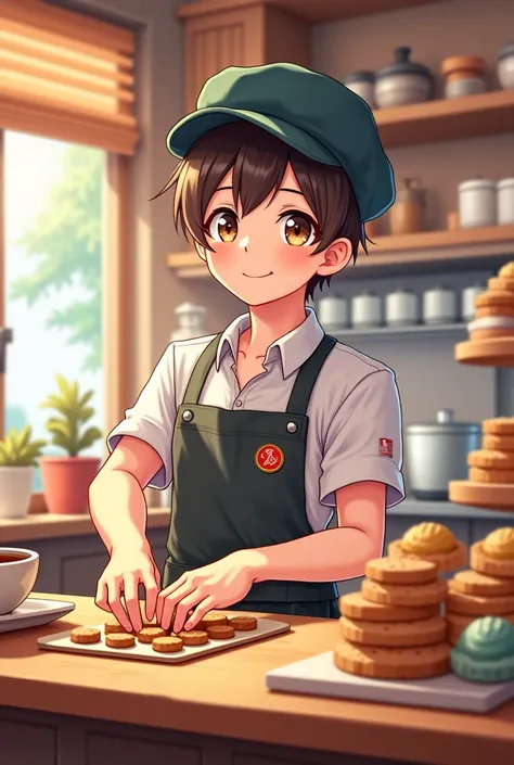 A handsome anime worker works in a cookie shop