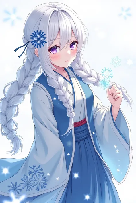 A picture Of female ice hashira with long white braided hair with hair pin that looks liké a snow flake  ,wearing a hashira uniform with a haori on top that have snow flakes pictures on its edges and purple eyes and thé picture must be in demon slayer draw...