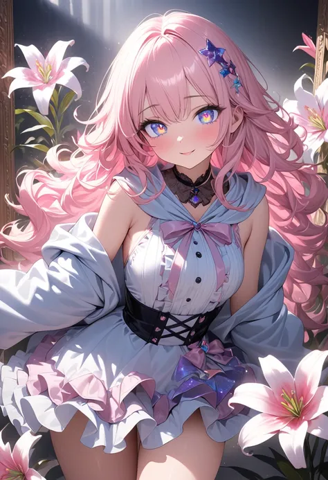 ultra detailed, absolutely resolution, masterpiece. 
1 woman, cute face, colorful fluffy silky glossy flowing high layered messy wavy hair, captivating sparking eyes, lewd expression, lewd great body proportion, wearing cute girly fashion in pink and black...