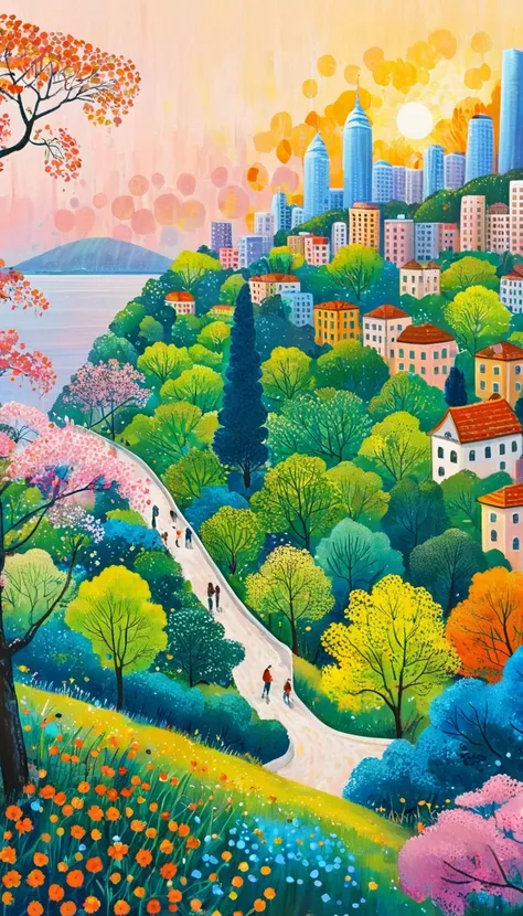 手前に川とtree々々A painting depicting a  cityscape  with,   colorful city, 色とりどりのtree々々, Cityscape during the day, spring season city, City in pure colors ,   cityscape  ,   in the center and a  cityscape  with 、 a painting depicting a cityscape with {x} a pictu...