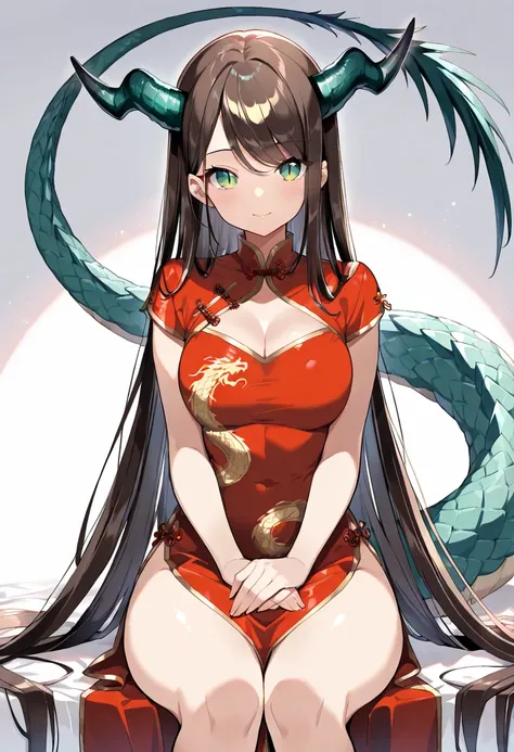 ((masterpiece, best quality, ultra detailed, high resolution, beautiful detailed face, beautiful detailed eyes, perfect hands)), (1 noble woman, solo), (dragon's horn and tail), (very long hair, straight hair, swept bangs), (green eyes, slit pupils), (chin...