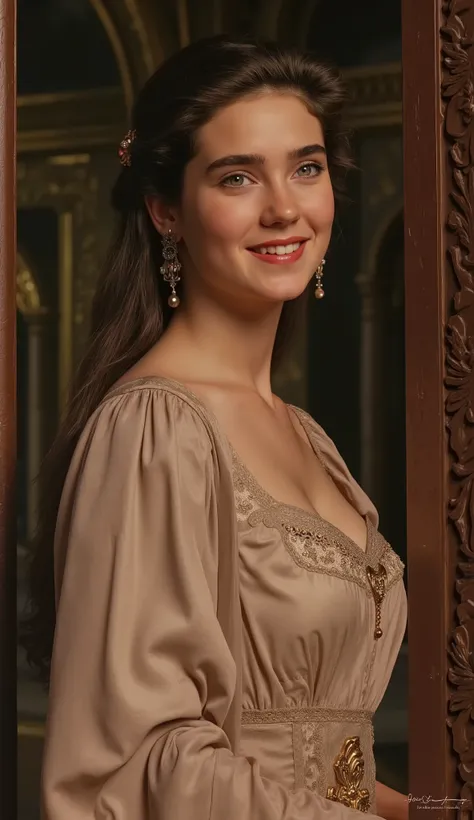 Young Jennifer Connelly , Early Middle Ages (800 n .e.): Medieval noble-girl in a long silk dress , soft smile , showing cleavage , upper body Portrait, inside Gothic castle, beautiful lighting