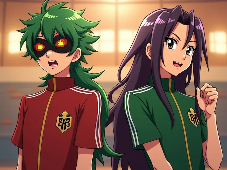 2 oc male sauvage menaçant aggressif de l'anime inazuma eleven victory road 
garçon 1 cheveux vert long ont vois sont visage caché par un masque de Halloween 
yeux ecarlate stylé artificiel lunnette de soleil.
uniform rouge et vert
regard menaçant.
garçon ...