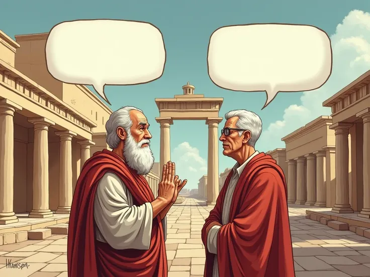 hello, Can you edit a photo where Vitruvius and Rasmussen are standing side by side in front of a historical construction site with speech bubbles coming from their heads? "The bubbles should be empty, and Rasmussen should be older and wearing glasses. The...