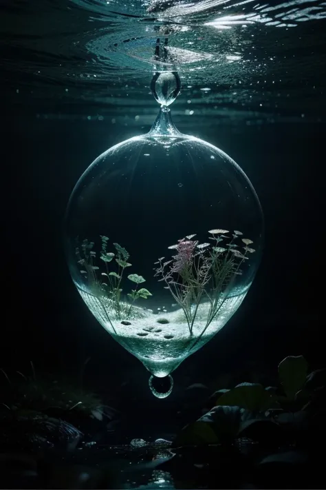  Inside a drop of water there is a complete ecosystem : microscopic forest ,  creek,  and transparent creatures swim in it.  Reflection of light creates a magical effect .