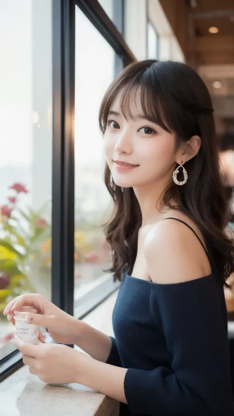  Eye-catching , cute double  ,  Mysterious woman tasting chiffon cake at a cafe ,   inside a calm cafe   ,  loose curly medium hair ,   clothes I chose for my date  , Talented , Kind personality,  Women who are obsessed with details  ,    detail hair to li...